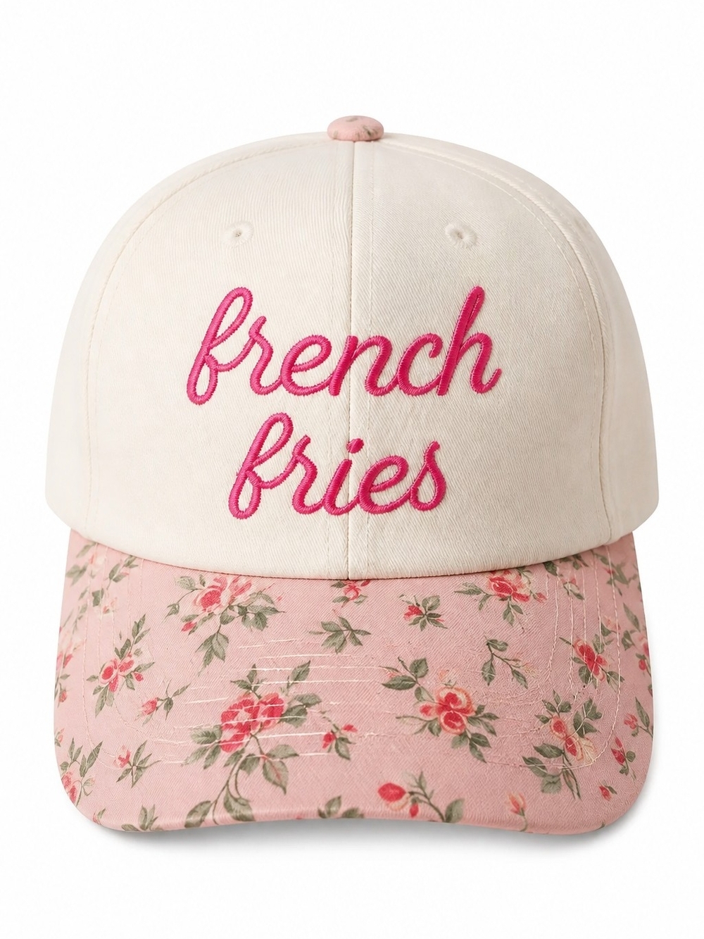 French Fries Embroidered Cap - Cream & Floral Pink